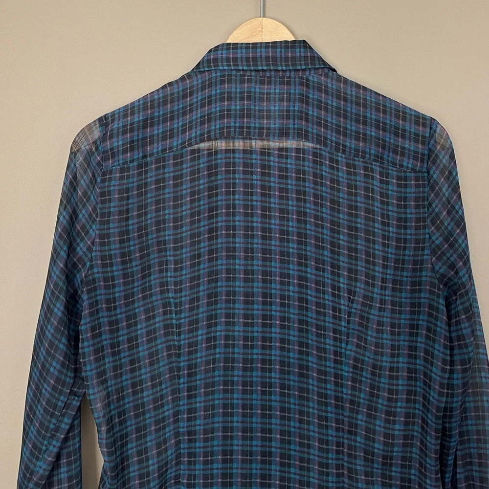 {American Eagle} Plaid Semi-Sheer Button Down Shirt with Ruffle Trim - Medium - Picture 6 of 9